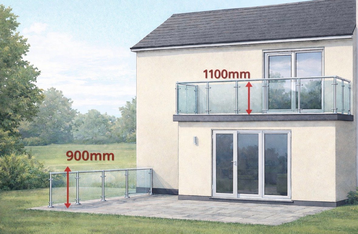 Glass balustrade height regulations UK showing 1100mm balcony height