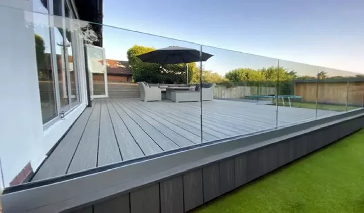 Frameless glass balustrade installed on decking